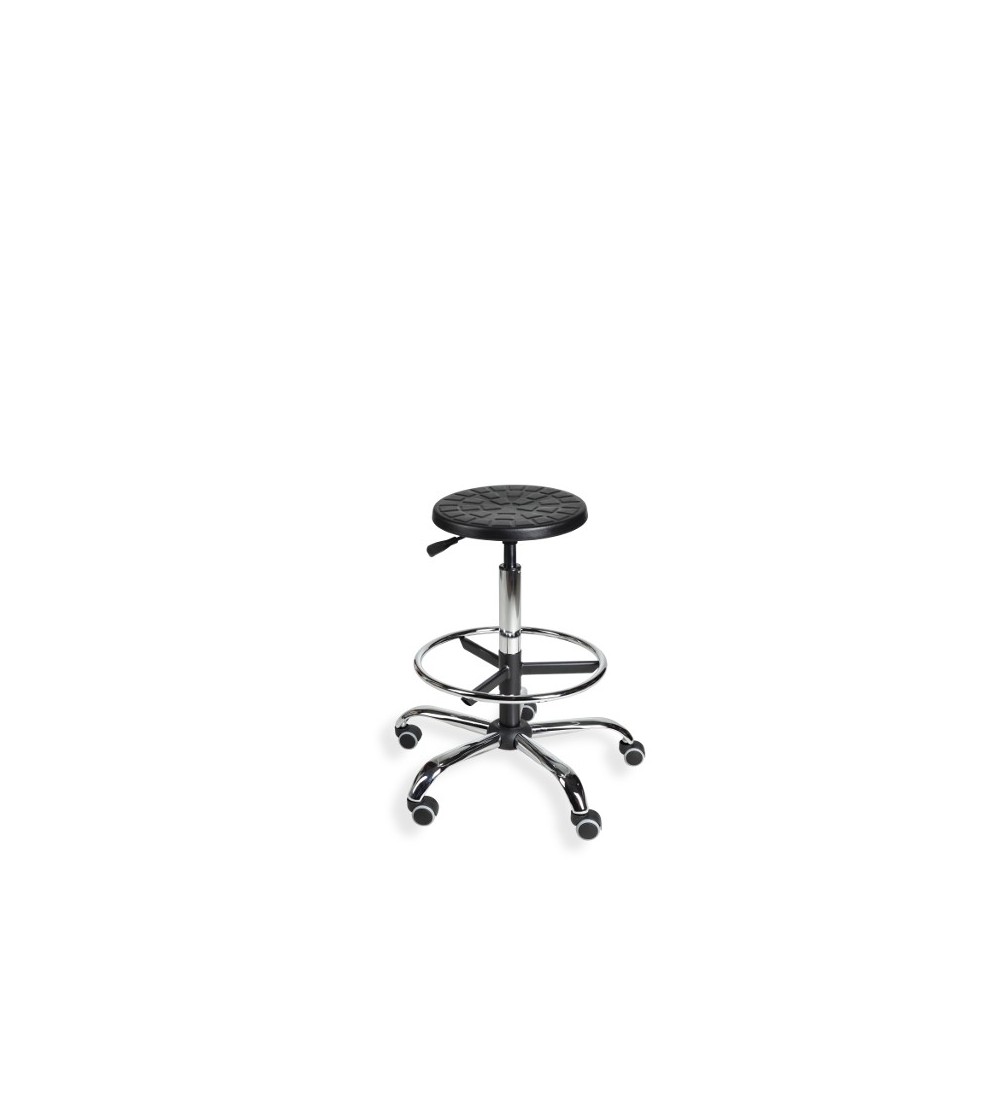 Taboret laboratoryjny na kółkach, z podnóżkiem - PurTab chrome H+RING WH