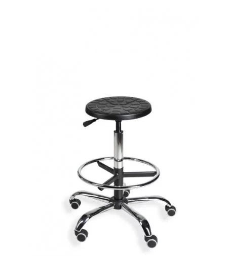 Taboret laboratoryjny na kółkach, z podnóżkiem - PurTab chrome H+RING WH