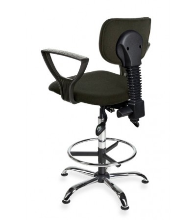 Krzesło laboratoryjne wysokie na stopkach z podłokietnikami i podnóżkiem Black 01 chrome asynchro H + RING PD
