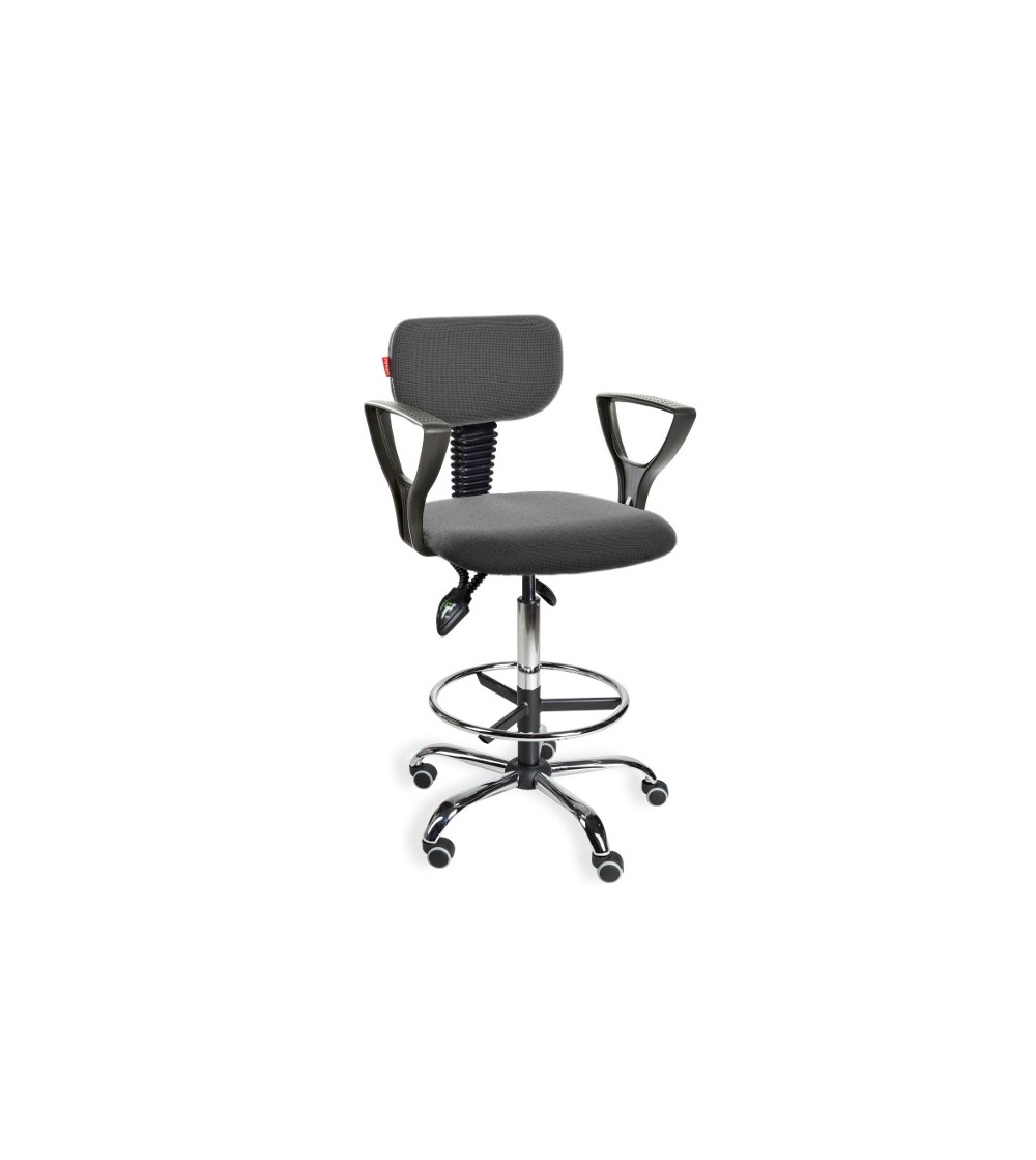 Krzesło przemysłowe wysokiem na kółkach z podnóżkiem i podłokietnikami Black 01 chrome asynchro H + RING PD WH